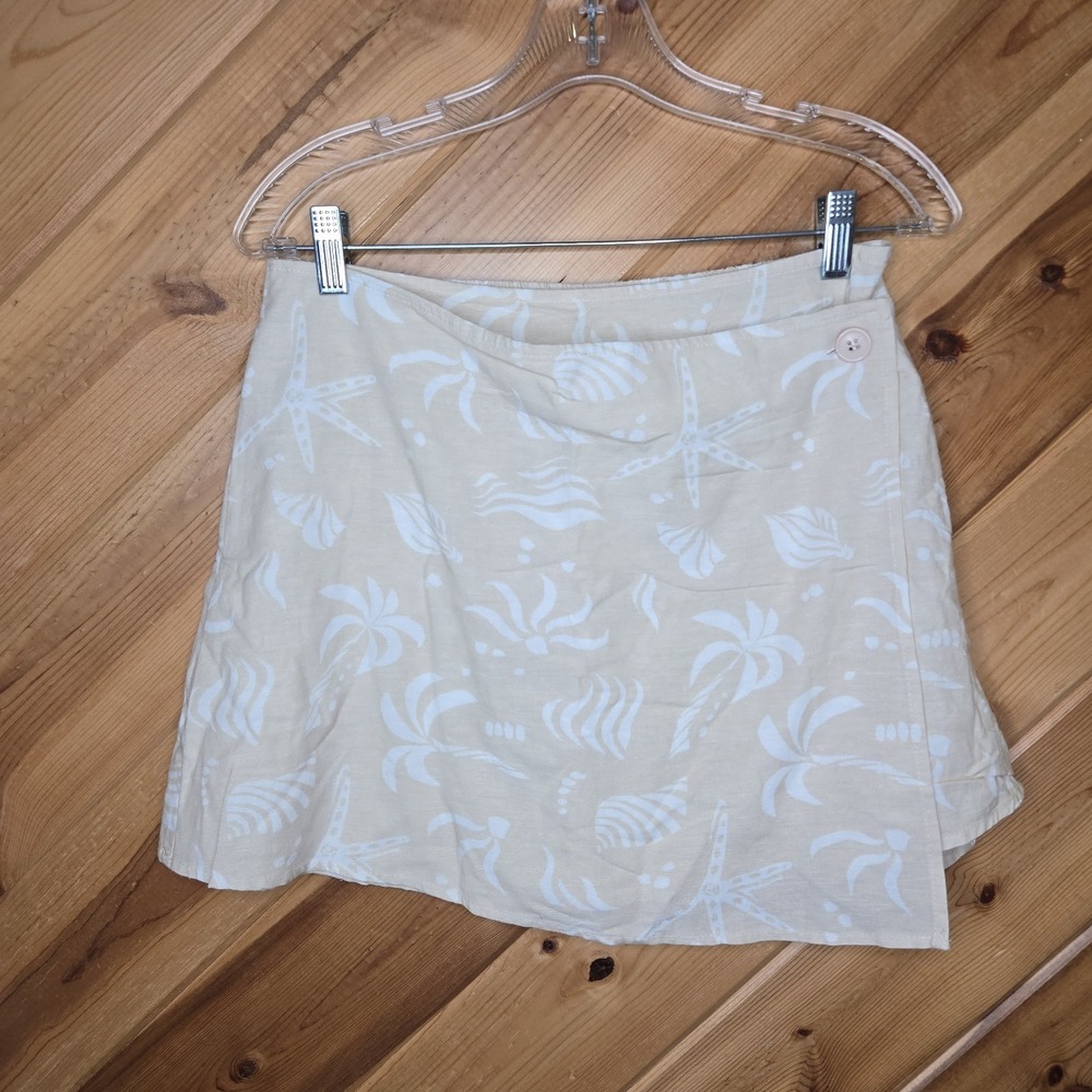 Midnight Sky Short Flax Blend Skirt Beige Floral Vacation Sz Large